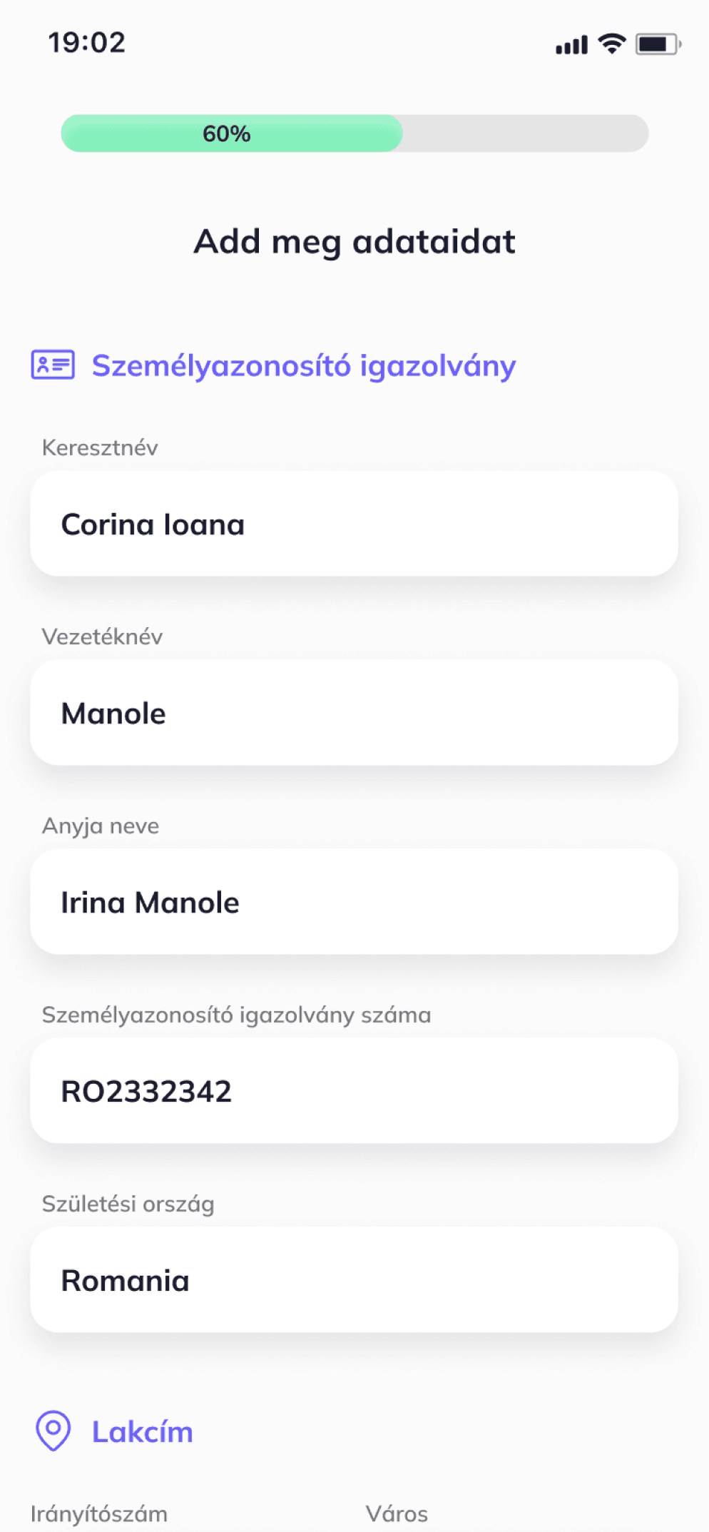 Személyes adatok megadása
